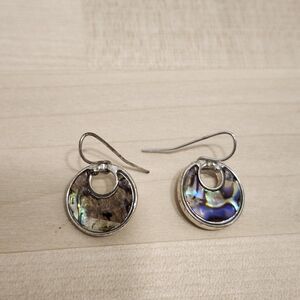 Abalone Open Circle Silver Earrings Signed KC Hook Mother Of Pearl